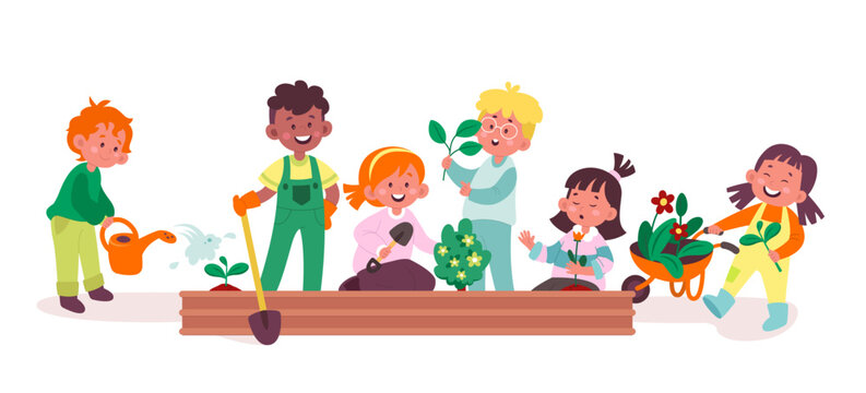 Children gardening flat illustrations set. Cute boys and girls growth plants and take care of bushes. Garden equipment