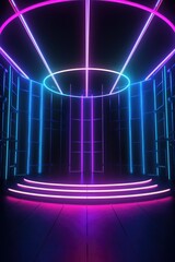 Neon lamp stage background. Glowing futuristic product display stand podium Against Background, neon geometric shape for product display presentation.