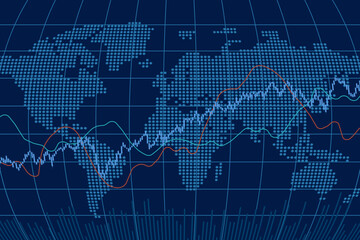 Candlestick chart, line graph and bar chart. World stock market index graph