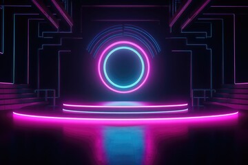 Neon lamp stage background. Glowing futuristic product display stand podium Against Background, neon geometric shape for product display presentation.