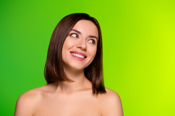 Adorable cute lady wear no clothes look side posing for beauty artist photo gallery have daily natural visage