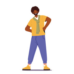 Black Smiling Man Standing With Arms Akimbo And Cheerful Face Expression. His Body Language Exudes Confidence