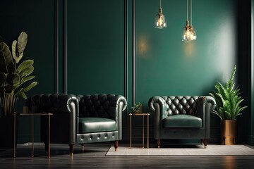 Luxury living room in a home with a leather seat and little adornment against a blank green wall. Generative AI