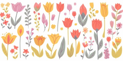 set of tulips doodle, Abstract floral print illustration set. generative ai