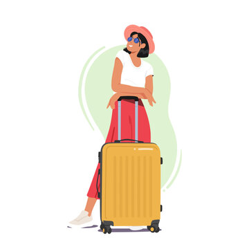 Woman Character Stands Beside Luggage, Ready For Travel Or Commute. Concept Of Adventure, Journey, Or Relocation