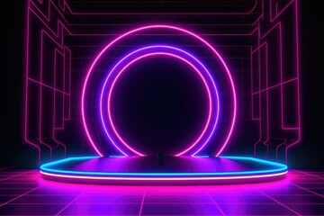 Neon lamp stage background. Glowing futuristic product display stand podium Against Background, neon geometric shape for product display presentation.