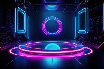 Neon lamp stage background. Glowing futuristic product display stand podium Against Background, neon geometric shape for product display presentation.