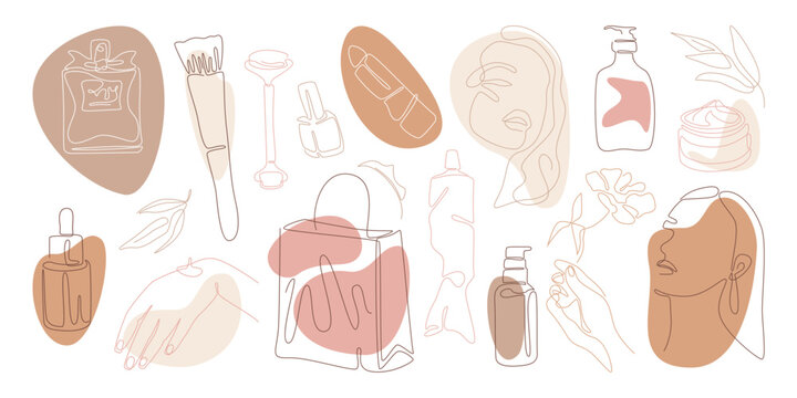 Beauty drawings in line art on color spot. Continuous icons of cream, lotion, face foundation, serum