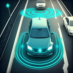 model of the car, indicating the dimensions, distance around the car, in the form of electron beams while driving on the road. AI