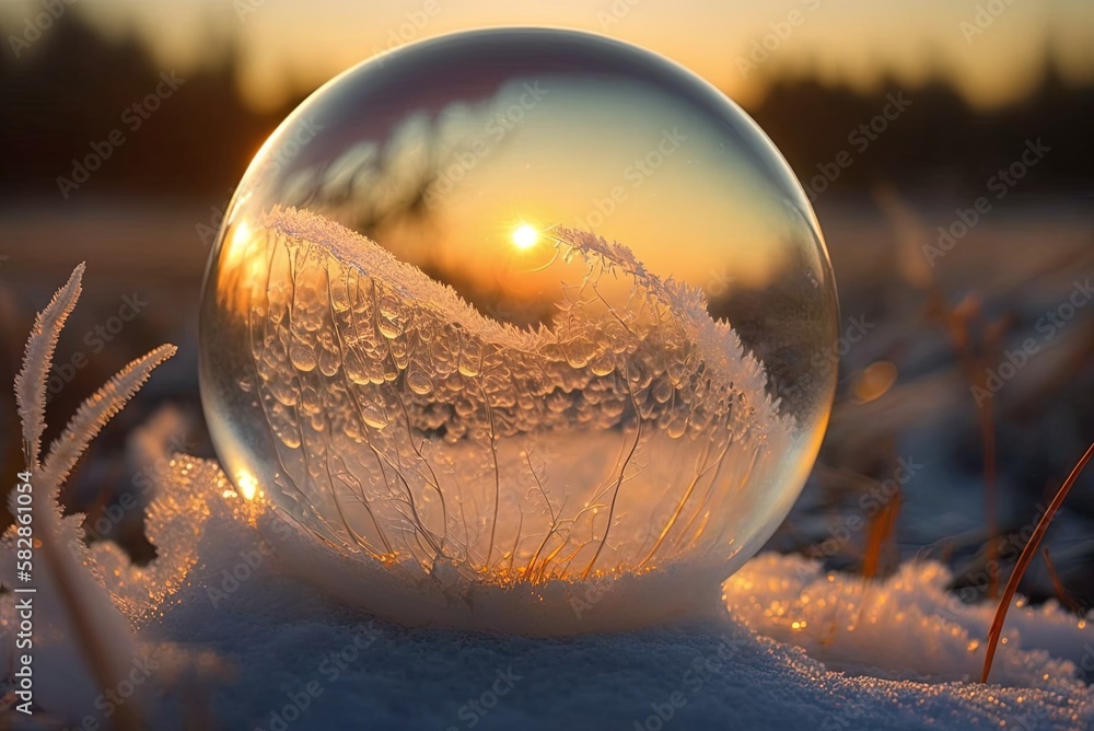 Poster a soap bubble that has frozen over as a result of the frost and the fading sun. generative ai
