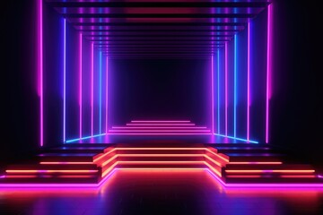 Neon lamp stage background. Glowing futuristic product display stand podium Against Background, neon geometric shape for product display presentation.
