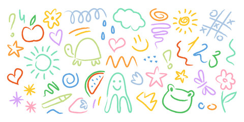 Linear children drawings design elements. Doodle arts of sun, heart, frog, turtle, flower, star, crown, strawberry