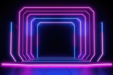 Fototapeta premium Neon lamp stage background. Glowing futuristic product display stand podium Against Background, neon geometric shape for product display presentation.