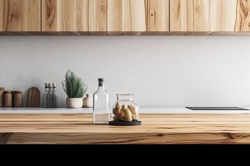Fototapeta na wymiar timber table a wooden table top or shelf in a contemporary, premium condominium with a minimalist, white kitchen, tasteful interior architecture. Generative AI