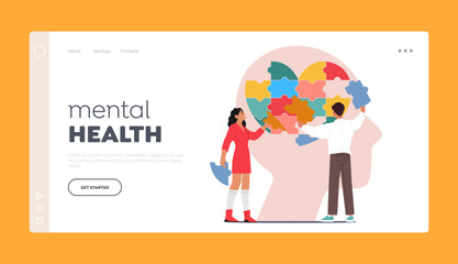 Mental Health Landing Page Template. Psychology Specialist Doctors Characters Work Together To Fix Brain Puzzle in Head