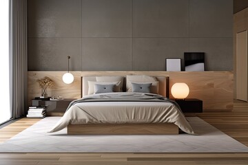 Fototapeta na wymiar Modern bedroom scene and mockup in brown and gray colors. Generative AI