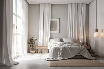 Mockup of a bedroom's interior with a blank concrete wall. Morning light that filters through the curtain. Generative AI