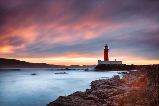 A lighthouse on the ocean by a beautiful sunset, long exposure photography - generative ai