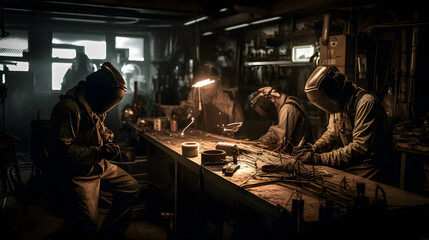 Moody and Atmospheric Industrial Interior with Iron Workers, AI Generated