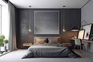 Dark gray bedroom interior seen from the corner, with a square canvas hanging above the bed and a desk for a home office close to the large window. concrete surface. a mockup concept for contemporary