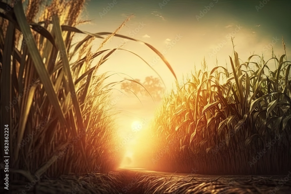 Poster sunshine hitting sugarcane fields. generative ai