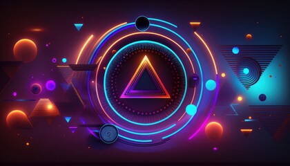 A backdrop of glowing high tech geometric shapes, bright and colorful, generative ai. 