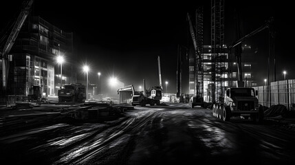 A monochromatic, minimalistic, and timeless image of a construction site at night, AI Generated