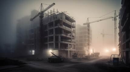 A mysterious, haunting, and ghostly image of a construction site shrouded in fog. AI Generated