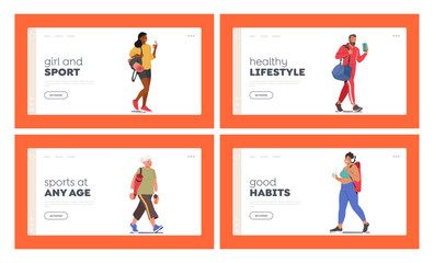 Energetic And Healthy Lifestyle Landing Page Template Set. Characters Walking to Gym, Carrying Workout Gear
