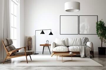 Modern living room interior with white wall and horizontal blank poster mockup. Generative AI