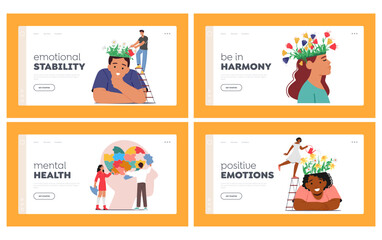 Mental Health Landing Page Template Set. Characters Treat Depression, Loneliness, Brain Development Or Hopelessness
