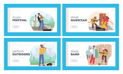 Fototapeta premium Street Musicians Landing Page Template Set. People Playing Guitar and Saxophone, Double Bass, Drum and Violin