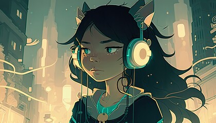 cute anime girl in headphones. music illustration. . Creative illustration. (Ai Generate)