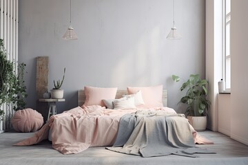 Mockup of a home interior wall in a pastel, minimalist bedroom with an unmade bed, cushions, and a plant. Space to spare. Generative AI