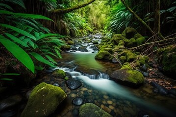 a clear water stream that cuts through the lush Daintree Rainforest in Queensland, Australia Generative AI
