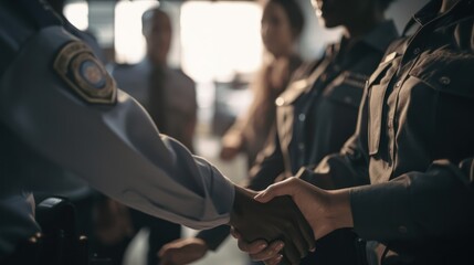 Fototapeta na wymiar The power of partnership: A handshake between police officers, GENERATIVE AI