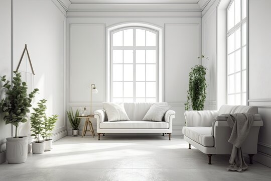 Interior of white room with sofa and vintage style toilet. Generative AI