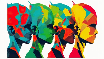 Abstract colorful overlapping head profiles . Creative illustration. (Ai Generate)
