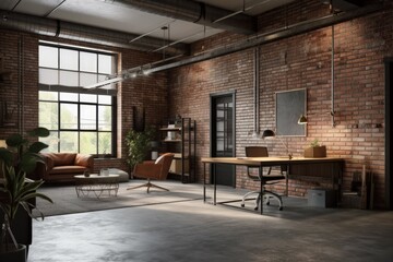 Plakat Modern office interior in loft industrial style. AI generated, human enhanced