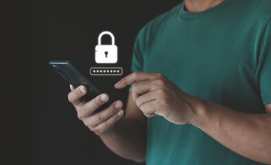 Business Technology Cyber Security Concept. Asian businessman using the smart mobile phone to...