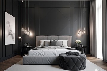 Grey and cream wall paneling, a black sofa, a grey carpet, a grey stool, and a hardwood floor embellish the interior of this bedroom with black and white bedsheets and cushions. Generative AI