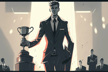 a succesful buisness man in a suit with a cup, othe buisness mans in the backround