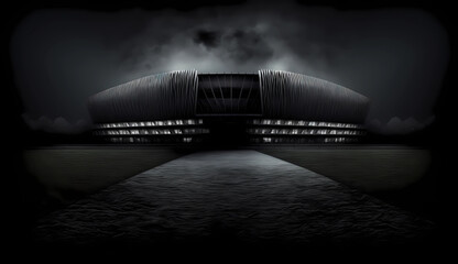 a stadium in the night with a little bit lights on it, black and white