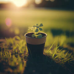 a little plant in a pot on a green meadow, morning lights in the backround, Environmentally friendly