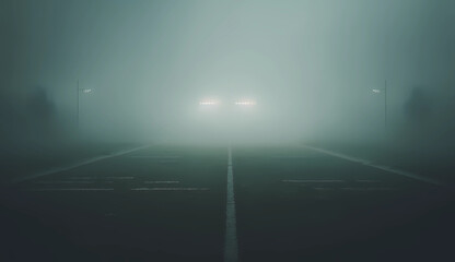 A footballfield with fog in the dark, mystic mood, two headlights in the backround