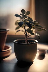 a little plant in a pot in the backround is the morning light in the window, good environmnet