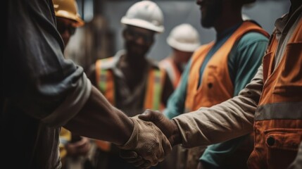 Fototapeta na wymiar Teamwork Makes the Dream Work: Construction Workers Shaking Hand, handshake, GENERATIVE AI