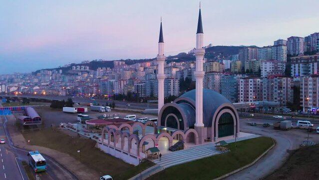4k Aerial view of the new modern mosque in Trabzon city 