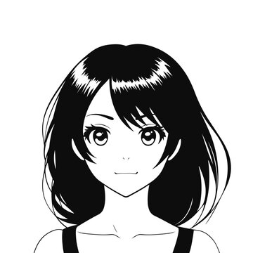 Young woman, girl with big eyes. Anime cartoon character. Black and white sketch. Vector illustration