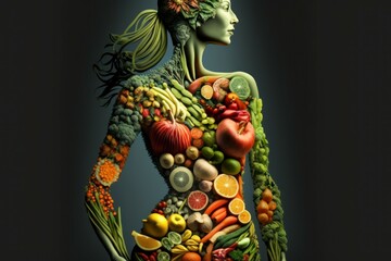 Fruit woman silhouette. Fresh fruits are laid out in the shape of a person. AI generated, human enhanced.